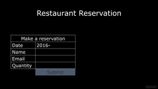 Restaurant Reservation
Make a reservation
Date 2016-
Name
Email
Quantity
Submit
@ploeh
 