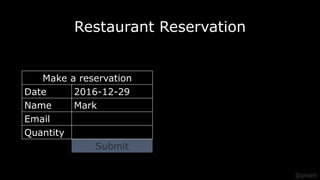 Restaurant Reservation
Make a reservation
Date 2016-12-29
Name Mark
Email
Quantity
Submit
@ploeh
 