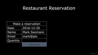 Restaurant Reservation
Make a reservation
Date 2016-12-29
Name Mark Seemann
Email mark@plo
Quantity
Submit
@ploeh
 