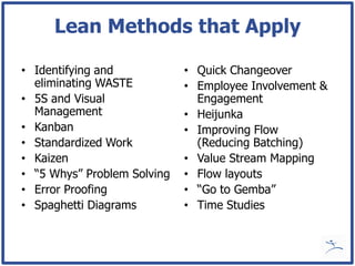 Lean Methods that Apply

• Identifying and            • Quick Changeover
  eliminating WASTE          • Employee Involvement &
• 5S and Visual                Engagement
  Management                 • Heijunka
• Kanban                     • Improving Flow
• Standardized Work            (Reducing Batching)
• Kaizen                     • Value Stream Mapping
• “5 Whys” Problem Solving   • Flow layouts
• Error Proofing             • “Go to Gemba”
• Spaghetti Diagrams         • Time Studies
 