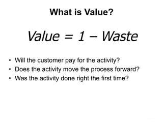 What is Value?
•  Will the customer pay for the activity?
•  Does the activity move the process forward?
•  Was the activity done right the first time?
Value = 1 – Waste
 