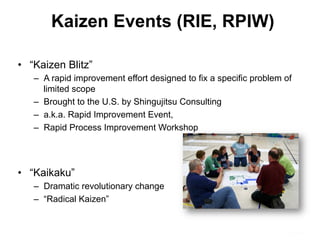 Kaizen Events (RIE, RPIW)
•  “Kaizen Blitz”
–  A rapid improvement effort designed to fix a specific problem of
limited scope
–  Brought to the U.S. by Shingujitsu Consulting
–  a.k.a. Rapid Improvement Event,
–  Rapid Process Improvement Workshop
•  “Kaikaku”
–  Dramatic revolutionary change
–  “Radical Kaizen”
 