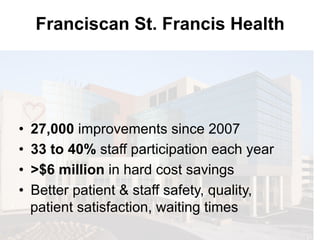Franciscan St. Francis Health
•  27,000 improvements since 2007
•  33 to 40% staff participation each year
•  >$6 million in hard cost savings
•  Better patient & staff safety, quality,
patient satisfaction, waiting times
 