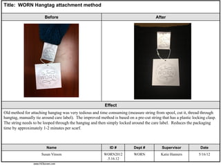 Title: WORN Hangtag attachment method
Before After
Effect
Old method for attaching hangtag was very tedious and time consuming (measure string from spool, cut it, thread through
hangtag, manually tie around care label). The improved method is based on a pre-cut string that has a plastic locking clasp.
The string needs to be looped through the hangtag and then simply locked around the care label. Reduces the packaging
time by approximately 1-2 minutes per scarf.
Name ID # Dept # Supervisor Date
Susan Vinson WORN2012
.5.16.12
WORN Katie Hanners 5/16/12
www.HCKaizen.com
 