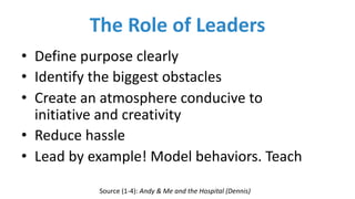 The	Role	of	Leaders
• Define	purpose	clearly
• Identify	the	biggest	obstacles
• Create	an	atmosphere	conducive	to	
initiative	and	creativity
• Reduce	hassle
• Lead	by	example!	Model	behaviors.	Teach
Source	(1-4):	Andy	&	Me	and	the	Hospital	(Dennis)
 