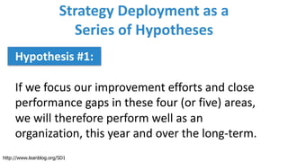 Strategy	Deployment	as	a	
Series	of	Hypotheses
Hypothesis	#1:	
If	we	focus	our	improvement	efforts	and	close	
performance	gaps	in	these	four	(or	five)	areas,	
we	will	therefore	perform	well	as	an	
organization,	this	year	and	over	the	long-term.
http://www.leanblog.org/SD1
 