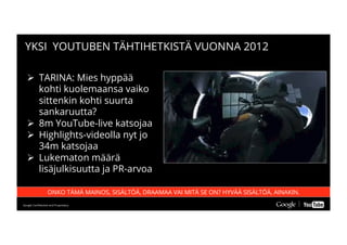 Google Conﬁdential and ProprietaryGoogle Conﬁdential and Proprietary
Ø  TARINA: Mies hyppää
kohti kuolemaansa vaiko
sittenkin kohti suurta
sankaruutta?
Ø  8m YouTube-live katsojaa
Ø  Highlights-videolla nyt jo
34m katsojaa
Ø  Lukematon määrä
lisäjulkisuutta ja PR-arvoa
YKSI YOUTUBEN TÄHTIHETKISTÄ VUONNA 2012
ONKO TÄMÄ MAINOS, SISÄLTÖÄ, DRAAMAA VAI MITÄ SE ON? HYVÄÄ SISÄLTÖÄ, AINAKIN.
 