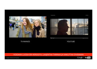 Google Conﬁdential and ProprietaryGoogle Conﬁdential and Proprietary
TV-MAINOS YOUTUBE
VOIDAAN LUODA ERI VERSIOITA, LAAJENTAA TARINAA JA VAIKUTTAA SYVEMMIN
 