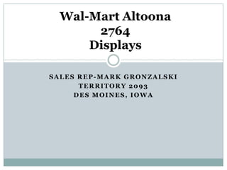 SALES REP-MARK GRONZALSKI
TERRITORY 2093
DES MOINES, IOWA
Wal-Mart Altoona
2764
Displays
 