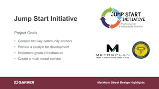 Jump Start Initiative
Project Goals
• Connect two key community anchors
• Provide a catalyst for development
• Implement green infrastructure
• Create a multi-modal corridor
Markham Street Design Highlights
 