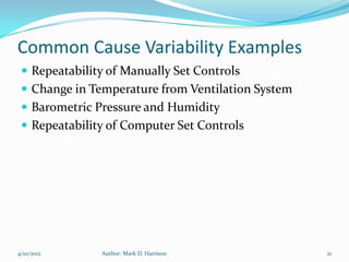 Common Cause Variability Examples
  Repeatability of Manually Set Controls
  Change in Temperature from Ventilation System
  Barometric Pressure and Humidity
  Repeatability of Computer Set Controls




4/10/2012      Author: Mark D. Harrison            21
 