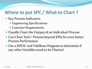Where to put SPC / What to Chart ?
  Key Process Indicators
     Engineering Specifications
     Customer Requirements
  Usually Chart the Output of an Individual Process
  Can Chart Tool / Process beyond KPIs for even better
   Process Performance
  Use a SIPOC and FishBone Diagram to determine if
   any other Variables need to be Charted



4/10/2012      Author: Mark D. Harrison                   30
 