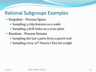 Rational Subgroups Examples
  Snapshot - Process Space
     Sampling 5 chip features on a wafer
     Sampling 5 drill holes on a cover plate
  Random - Process Stream
     Sampling the last 5 parts from a punch tool
     Sampling every 10th Hesrey’s Kiss for weight




4/10/2012        Author: Mark D. Harrison            39
 