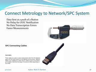 Connect Metrology to Network/SPC System
  Data Sent at a push of a Button
  No Delay for OOC Notification
  No Data Transcription Errors
  Faster Measurements




4/10/2012             Author: Mark D. Harrison   58
 