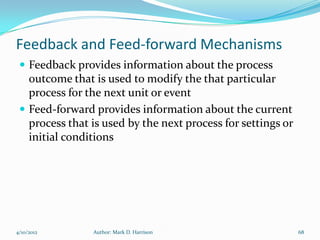 Feedback and Feed-forward Mechanisms
  Feedback provides information about the process
   outcome that is used to modify the that particular
   process for the next unit or event
  Feed-forward provides information about the current
   process that is used by the next process for settings or
   initial conditions




4/10/2012       Author: Mark D. Harrison                      68
 