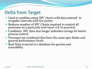 Delta from Target
  Used to combine many SPC charts with data entered in
     irregular intervals with few points
    Reduces number of SPC Charts required to control all
     processes on a particular tool (seen 10X in practice)
    Combines SPC data into longer unbroken strings for better
     process control
    Processes are combined that have the same spec limits and
     general performance levels
    Real Data is stored in a database for queries and
     traceability




4/10/2012         Author: Mark D. Harrison                   84
 