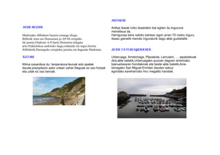 NOLA HELDU
Markinako iblbideari hasiera emango diogu.
Bilbotik irten eta Donostiara jo.AP-68 errepide-
tik jaraitu.Ondoren A-8 hartu Donostira ailegatu
arte.Ordainlekua aurkituko dugu,ordaindu eta segui.Iurreta
ibilbidetik.Durangoko errepidea jarraitu eta bagaude Markinan.
KLIMA
Klima ozeanikoa du: tenperatura leunak edo epelak
daude,prezipitazio asko urtean zehar.Neguak ez oso hotzak
eta udak ez oso beroak.
PAISAIA
Artibai ibaiak Urko ibaiarekin bat egiten du.Ingurune
menditsua da,
Herrigunea bera nahiko behean egon arren 70 metro inguru
itsaso gainetik mendiz inguraturik dago alde guztietatik.
LEKU INTERESGARRIAK
Urberuaga, Arretxinaga, Plazakola, Larruskin, … aipatzekoak
dira,alde batetik,Urberuagako auzoan dagoen aintzinako
bainuetxearen hondakinak eta beste alde batetik,Arre-
txinagako San Miguel Ermitan dauden eskuz
egindako kareharrizko hiru megalito handiak.
 