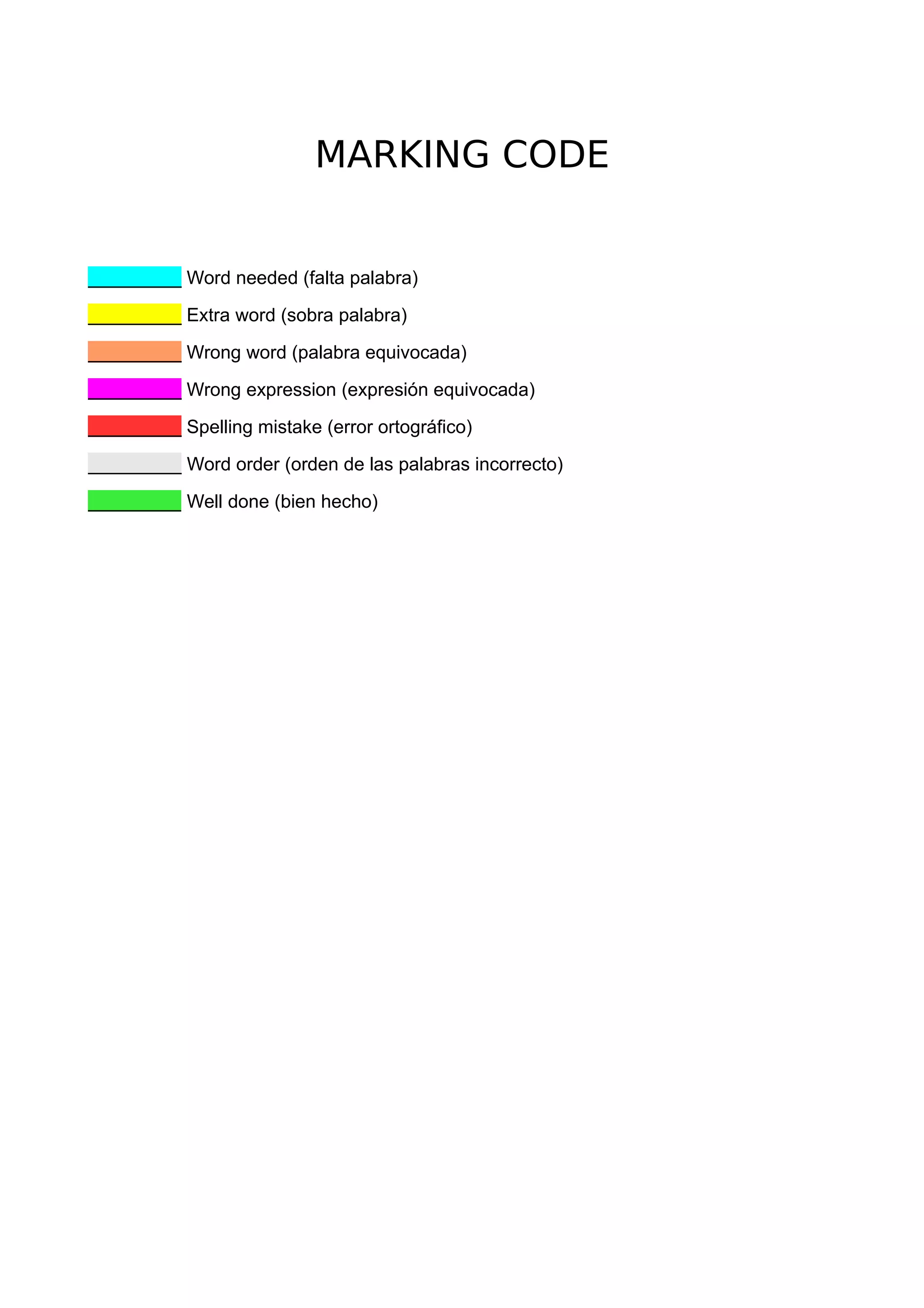 MARKING CODE
_________ Word needed (falta palabra)
_________ Extra word (sobra palabra)
_________ Wrong word (palabra equivocada)
_________ Wrong expression (expresión equivocada)
_________ Spelling mistake (error ortográfico)
_________ Word order (orden de las palabras incorrecto)
_________ Well done (bien hecho)