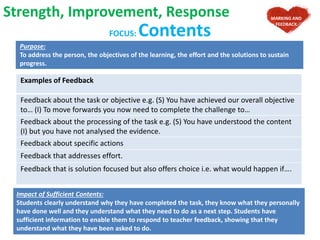 FOCUS: Contents
Purpose:
To address the person, the objectives of the learning, the effort and the solutions to sustain
progress.
Examples of Feedback
Feedback about the task or objective e.g. (S) You have achieved our overall objective
to… (I) To move forwards you now need to complete the challenge to…
Feedback about the processing of the task e.g. (S) You have understood the content
(I) but you have not analysed the evidence.
Feedback about specific actions
Feedback that addresses effort.
Feedback that is solution focused but also offers choice i.e. what would happen if….
Strength, Improvement, Response
Impact of Sufficient Contents:
Students clearly understand why they have completed the task, they know what they personally
have done well and they understand what they need to do as a next step. Students have
sufficient information to enable them to respond to teacher feedback, showing that they
understand what they have been asked to do.
MARKING AND
FEEDBACK
 