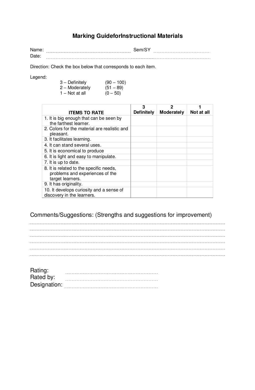Marking guide for instructional materials