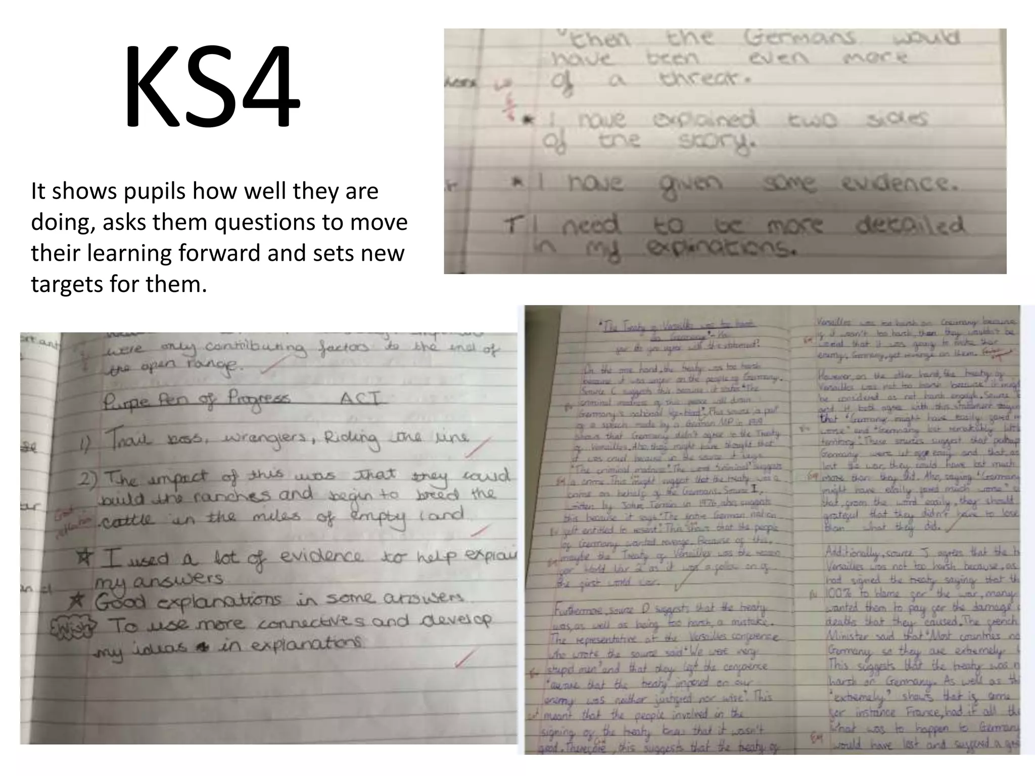 KS4 
It shows pupils how well they are 
doing, asks them questions to move 
their learning forward and sets new 
targets for them. 
 
