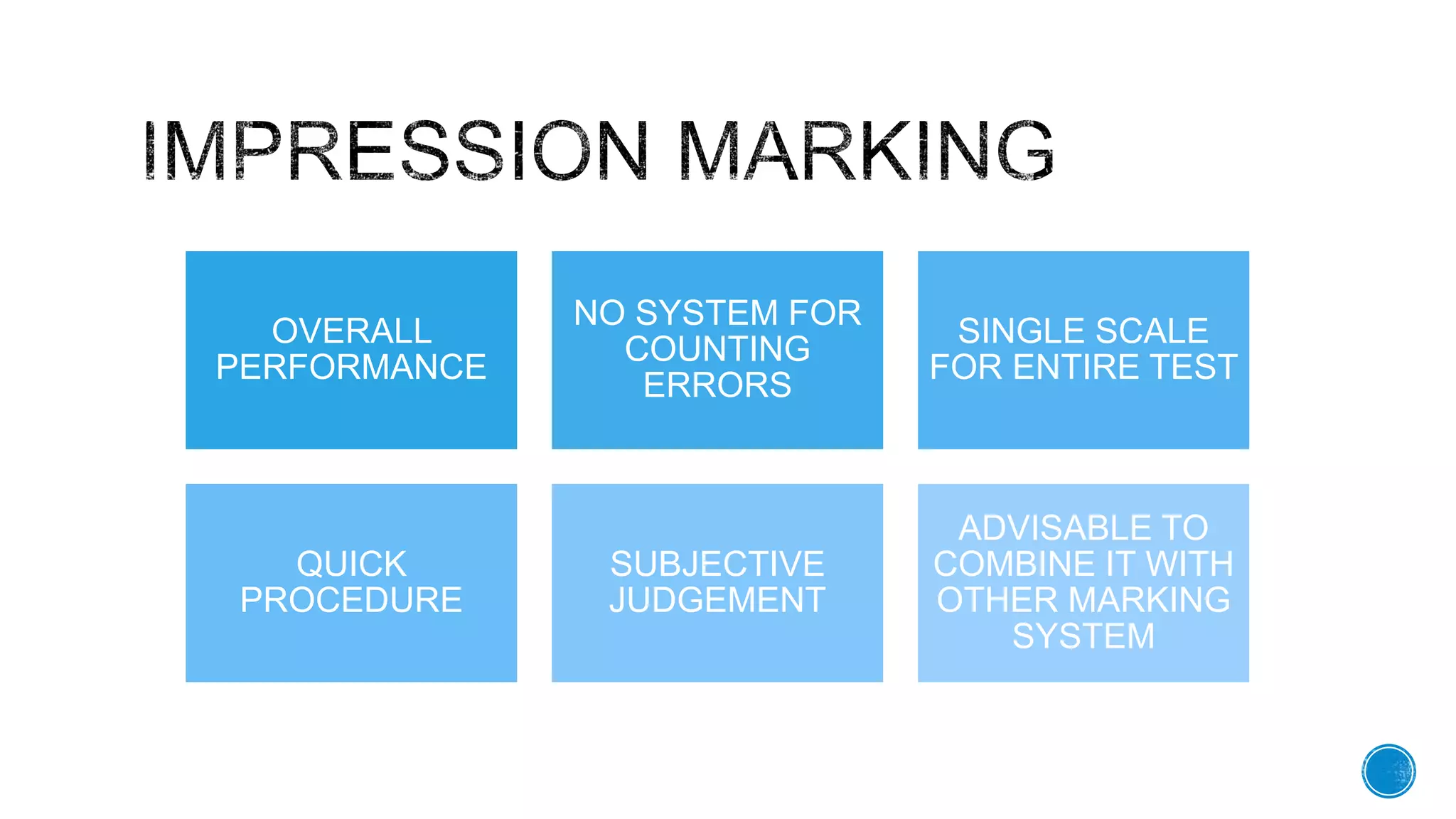 OVERALL
PERFORMANCE
NO SYSTEM FOR
COUNTING
ERRORS
SINGLE SCALE
FOR ENTIRE TEST
QUICK
PROCEDURE
SUBJECTIVE
JUDGEMENT
ADVISABLE TO
COMBINE IT WITH
OTHER MARKING
SYSTEM
