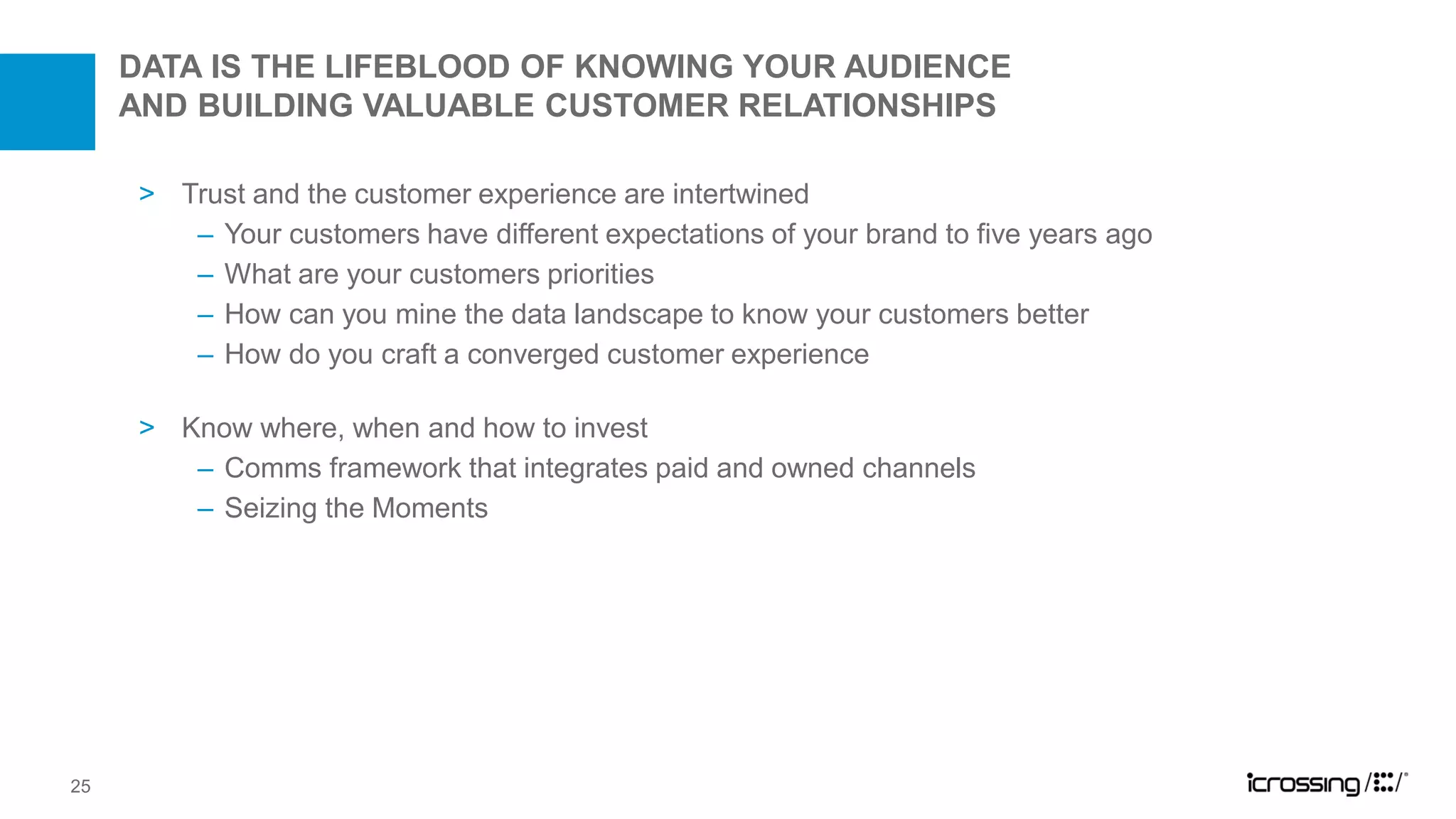 DATA IS THE LIFEBLOOD OF KNOWING YOUR AUDIENCE
     AND BUILDING VALUABLE CUSTOMER RELATIONSHIPS

      > Trust and the customer experience are intertwined
         – Your customers have different expectations of your brand to five years ago
         – What are your customers priorities
         – How can you mine the data landscape to know your customers better
         – How do you craft a converged customer experience

      > Know where, when and how to invest
         – Comms framework that integrates paid and owned channels
         – Seizing the Moments




25
 