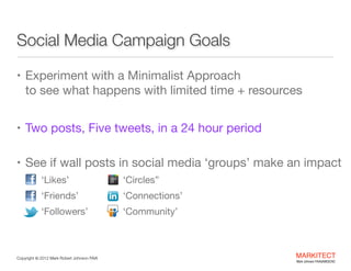 Social Media Campaign Goals
• Experiment with a Minimalist Approach  

to see what happens with limited time + resources

...