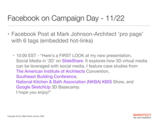 Facebook on Campaign Day - 11/22
• Facebook Post at Mark Johnson-Architect ‘pro page’

with 6 tags (embedded hot-links)

"...