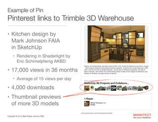 Example of Pin

Pinterest links to Trimble 3D Warehouse
• Kitchen design by  

Mark Johnson FAIA  
in SketchUp

• Renderin...