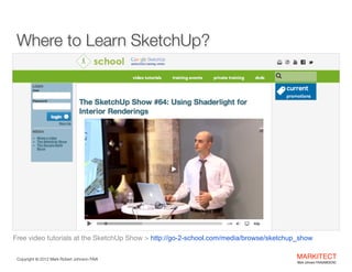 Where to Learn SketchUp?

Free video tutorials at the SketchUp Show > http://go-2-school.com/media/browse/sketchup_show
Co...