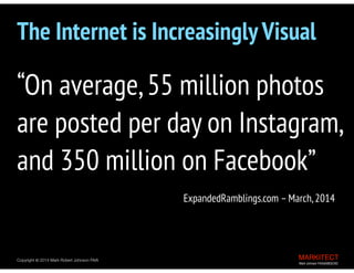 Copyright © 2013 All Rights Reserved MARKITECT 
Mark Johnson FAIA|AIBD|CKD
Copyright ©	
  2013 Mark Robert Johnson FAIA MARKITECT Mark Johnson FAIA|AIBD|CKD
Copyright ©	
  2014 Mark Robert Johnson FAIA
The Internet is Increasingly Visual
“On average,55 million photos
are posted per day on Instagram,
and 350 million on Facebook”
ExpandedRamblings.com –March,2014
 