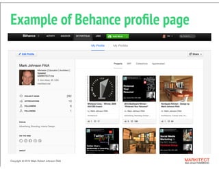 Copyright © 2013 All Rights Reserved MARKITECT 
Mark Johnson FAIA|AIBD|CKD
Copyright ©	
  2014 Mark Robert Johnson FAIA
Example of Behance proﬁle page
 