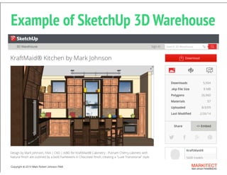 Copyright © 2013 All Rights Reserved MARKITECT 
Mark Johnson FAIA|AIBD|CKD
Copyright ©	
  2014 Mark Robert Johnson FAIA
Example of SketchUp 3D Warehouse
 