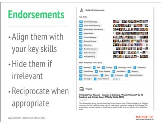 Copyright ©	
  2014 Mark Robert Johnson FAIA MARKITECT 
Mark Johnson FAIA|AIBD|CKD
Endorsements
Copyright ©	
  2014 Mark Robert Johnson FAIA MARKITECT 
Mark Johnson FAIA|AIBD|CKD
•Align them with
your key skills
•Hide them if
irrelevant
•Reciprocate when
appropriate
 