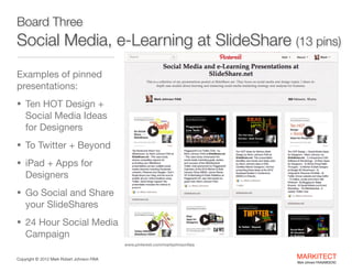 Board Three 

Social Media, e-Learning at SlideShare (20 pins)
Examples of pinned
presentations:

• Ten HOT Design +

Social Media Ideas
for Designers

• To Twitter + Beyond

• iPad + Apps for

Designers

• Go Social and Share

your SlideShares

• 24 Hour Social Media

Campaign
www.pinterest.com/markjohnsonfaia
Copyright ©	
  2012 Mark Robert Johnson FAIA

MARKITECT 
Mark Johnson FAIA|AIBD|CKD

 