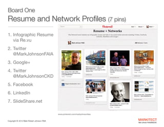 Board One 

Resume and Network Proﬁles (10 pins)
1. Infographic Resume 
via Re.vu

2. Twitter 
@MarkJohnsonFAIA

3. Google+

4. Twitter 
@MarkJohnsonCKD

5. Facebook

6. LinkedIn

7. SlideShare.net
www.pinterest.com/markjohnsonfaia
Copyright ©	
  2012 Mark Robert Johnson FAIA

MARKITECT 
Mark Johnson FAIA|AIBD|CKD

 
