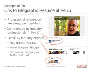 Example of Pin

Link to Infographic Resume at Re.vu
• ‘Professional references’ 

are already embedded 

• Commentary by industry 

professionals, “I like it”

• ‘Likes’ by industry experts

• AIBD National President

• Interior Designer / Blogger

• Construction Company and

Twitter Chat Host

Copyright ©	
  2012 Mark Robert Johnson FAIA

www.pinterest.com/markjohnsonfaia

MARKITECT 
Mark Johnson FAIA|AIBD|CKD

 