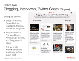 Board Two 

Blogging, Interviews, Twitter Chats (38 pins)
Examples of Pins:

• Blogs for Kohler,

Green Builder
Magazine, ...