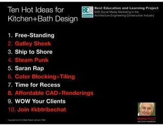Ten Hot Ideas for
Kitchen+Bath Design
1. Free-Standing


2. Galley Sheek


3. Ship to Shore


4. Steam Punk


5. Saran Rap...