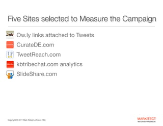 Five Sites selected to Measure the Campaign
•

Ow.ly links attached to Tweets


•

CurateDE.com

TweetReach.com


•

kbtribechat.com analytics


•

SlideShare.com

kbtribe

Copyright ©	
  2012 Mark Robert Johnson FAIA

MARKITECT 
Mark Johnson FAIA|AIBD|CKD

 