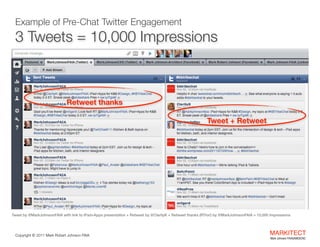 Example of Pre-Chat Twitter Engagement 

3 Tweets = 10,000 Impressions

Retweet thanks 
Tweet + Retweet 

Tweet by @MarkJohnsonFAIA with link to iPad+Apps presentation + Retweet by @ClarityK + Retweet thanks (RThx!) by @MarkJohnsonFAIA = 10,000 Impressions

Copyright ©	
  2012 Mark Robert Johnson FAIA

MARKITECT 
Mark Johnson FAIA|AIBD|CKD

 