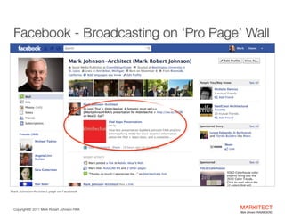 Facebook - Broadcasting on ‘Pro Page’ Wall

Mark Johnson-Architect page on Facebook

Copyright ©	
  2012 Mark Robert Johnson FAIA

MARKITECT 
Mark Johnson FAIA|AIBD|CKD

 