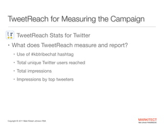 TweetReach for Measuring the Campaign
TweetReach Stats for Twitter

• What does TweetReach measure and report? 

• Use of #kbtribechat hashtag 

• Total unique Twitter users reached

• Total impressions

• Impressions by top tweeters

Copyright ©	
  2012 Mark Robert Johnson FAIA

MARKITECT 
Mark Johnson FAIA|AIBD|CKD

 