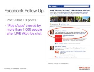 Facebook Follow Up
• Post-Chat FB posts

• ‘iPad+Apps’ viewed by

more than 1,000
people after LIVE
#kbtribe chat

Facebook post with link to kbtribe Blog

Copyright ©	
  2012 Mark Robert Johnson FAIA

MARKITECT 
Mark Johnson FAIA|AIBD|CKD

 