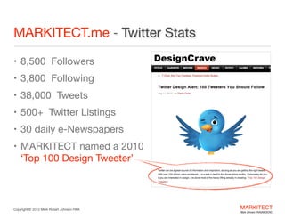 MARKITECT.me - Social Media Awards
• Winner of Three Be2Awards - London Social Media Week
• 2013 - Best B2B Education & Learning Project
• 2012 - Best B2B PR/Marketing Campaign
• 2012 - Best B2B Education & Learning Project

B2B Social Media  
Marketing in the
Architecture
Engineering 
Construction  
Industry

"

• Named ‘Top 100 Design Tweeter’ by DesignCrave
• 11,500+ Twitter followers
• 60,000+ Tweets
• 25+ daily e-Newspapers
Copyright © 2013 All Rights Reserved

MARKITECT 
Mark Johnson FAIA|AIBD|CKD

 