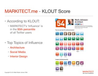 Best Education and Learning Project  
B2B Social Media Marketing in the  
Architecture Engineering Construction Industry

kbtribe

 

Twitter Chat 
for e-Learning
"

Mark Johnson FAIA | CKD | AIBD
Copyright ©	
  2012 Mark Robert Johnson FAIA

MARKITECT 
Mark Johnson FAIA|AIBD|CKD

 