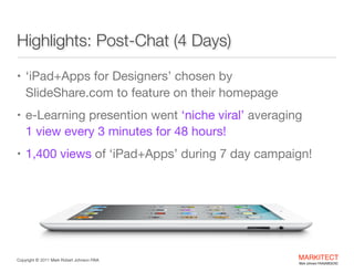 Highlights: Post-Chat (4 Days)
• ‘iPad+Apps for Designers’ chosen by  

SlideShare.com to feature on their homepage 

• e-Learning presention went ‘niche viral’ averaging 

1 view every 3 minutes for 48 hours!

• 1,400 views of ‘iPad+Apps’ during 7 day campaign!

Copyright ©	
  2012 Mark Robert Johnson FAIA

MARKITECT 
Mark Johnson FAIA|AIBD|CKD

 