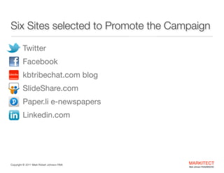 Six Sites selected to Promote the Campaign
•
•

Facebook


•

kbtribechat.com blog


•

SlideShare.com


•

Paper.li e-new...