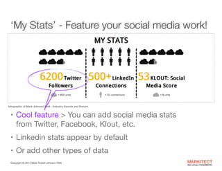 ‘My Stats’ - Feature your social media work!
"
"
"
"
"

Infographic of Mark Johnson FAIA - Industry Awards and Honors

• Cool feature > You can add social media stats  

from Twitter, Facebook, Klout, etc. 

• Linkedin stats appear by default

• Or add other types of data
Copyright ©	
  2012 Mark Robert Johnson FAIA

MARKITECT 
Mark Johnson FAIA|AIBD|CKD

 
